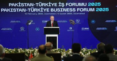 President Recep Tayyip Erdoğan delivers a speech at Pakistan-Türkiye Business Forum, Islamabad, Pakistan, Feb. 13, 2025. (AA Photo)