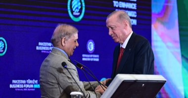 President Recep Tayyip Erdoğan shakes hands with Pakistan's Prime Minister Shahbaz Sharif, Islamabad, Pakistan, Feb. 13, 2025. (AA Photo)
