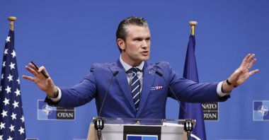 U.S. Secretary of Defense Pete Hegseth holds a news conference following the meeting of The North Atlantic Treaty Organisation (NATO) Ministers of Defense at NATO Headquarters in Brussels, Feb. 13, 2025. (AFP Photo)