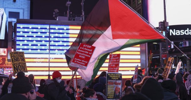 Palestinian supporters march in Times Square in response to U.S. President Donald Trump&#039;s remarks on his plans for the U.S. to &quot;own&quot; the Gaza Strip, New York, U.S., Feb. 12, 2025. (EPA Photo)