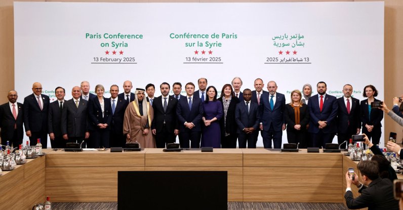France&#039;s President Emmanuel Macron, Syria&#039;s Minister of Foreign Affairs Asaad Hassan al-Shaibani and participants pose for a family photograph during the International Conference on Syria in Paris, France Feb. 13, 2025. (Reuters Photo)