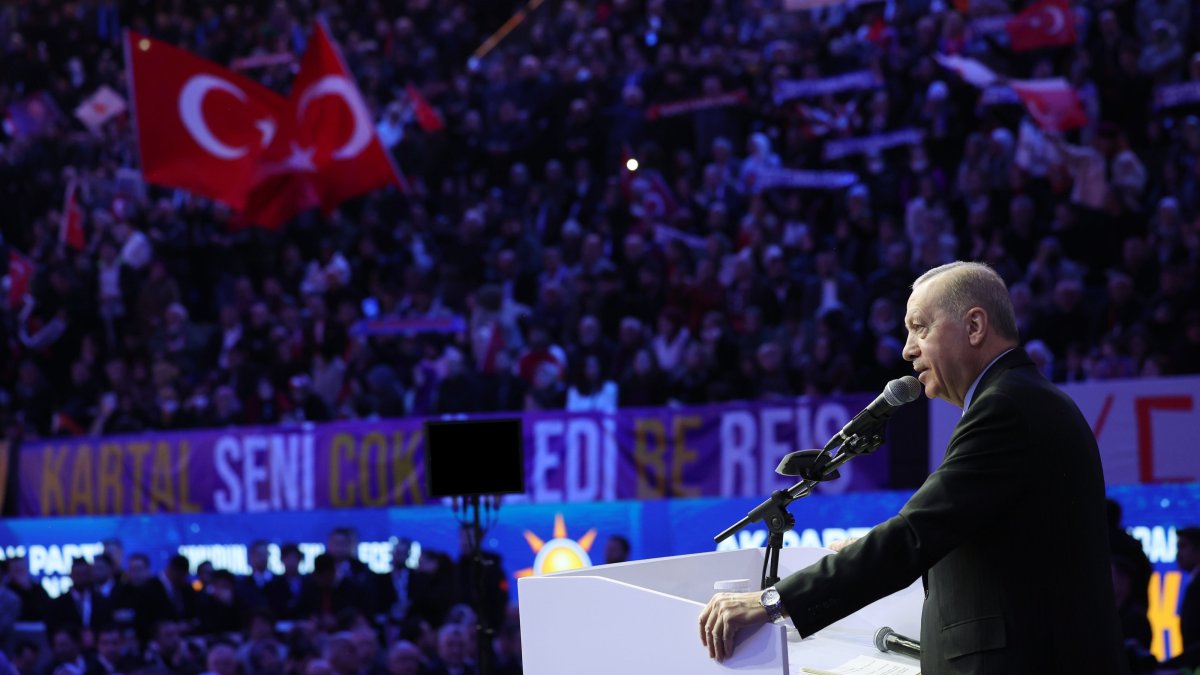 President Recep Tayyip Erdoğan, chairperson of the ruling Justice and Development Party (AK Party), speaks at the party&#039;s provincial congress, Istanbul, Türkiye, Feb. 7, 2025. (AA Photo)
