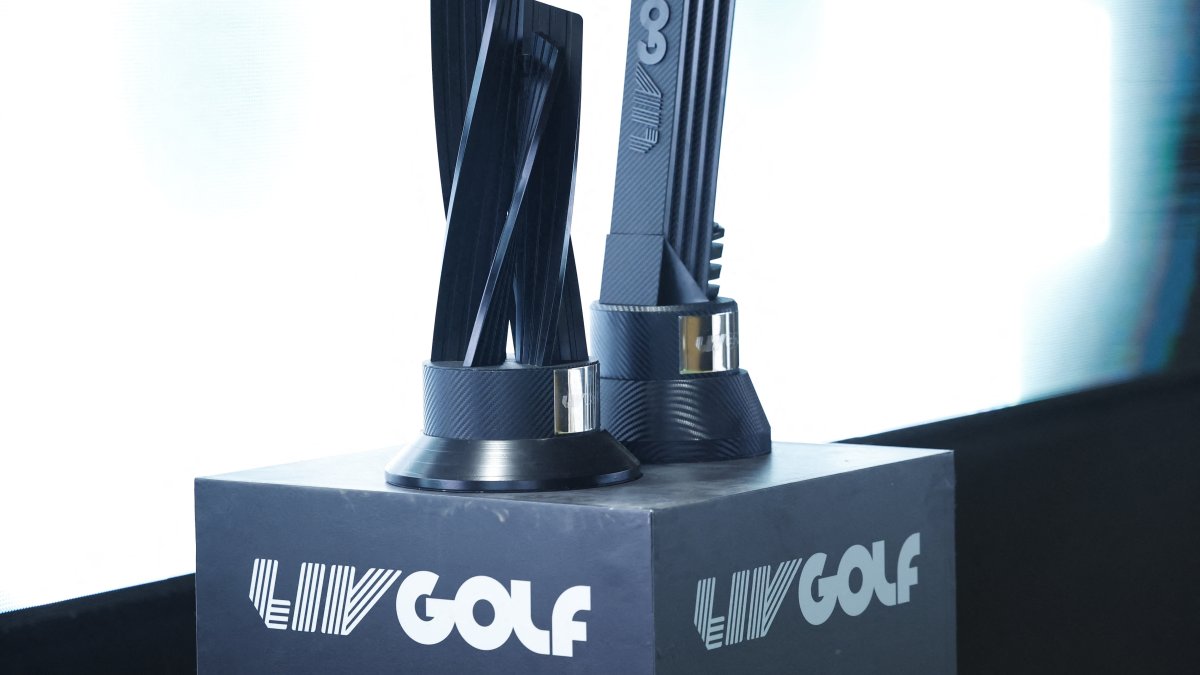 General view of the LIV Golf trophies during the TGL Tournament at the Riyadh Golf Club, Riyadh, Saudi Arabia, Feb. 6, 2025. (Reuters Photo)