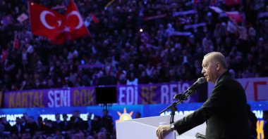 President Recep Tayyip Erdoğan, chairperson of the ruling Justice and Development Party (AK Party), speaks at the party&#039;s provincial congress, Istanbul, Türkiye, Feb. 7, 2025. (AA Photo)