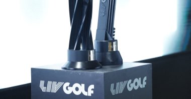 General view of the LIV Golf trophies during the TGL Tournament at the Riyadh Golf Club, Riyadh, Saudi Arabia, Feb. 6, 2025. (Reuters Photo)