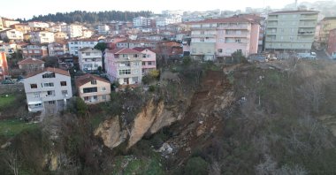 An aerial view of the landslide that occurred in the garden area of two 4-story buildings in Üsküdar, Istanbul, Türkiye, Feb. 13, 2025. (DHA Photo)