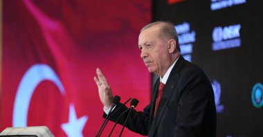 President Recep Tayyip Erdoğan speaks at the Pakistan-Türkiye Business Forum, Islamabad, Pakistan, Feb. 13, 2025. (AA Photo)