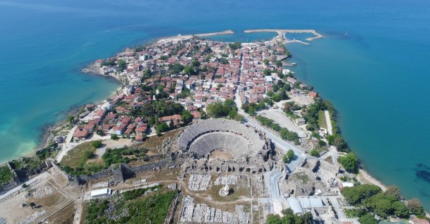 An aerial view of Side Ancient City, the most searched site in 2024 according to Google Maps, Antalya, Türkiye, Feb. 14, 2025. (DHA Photo)