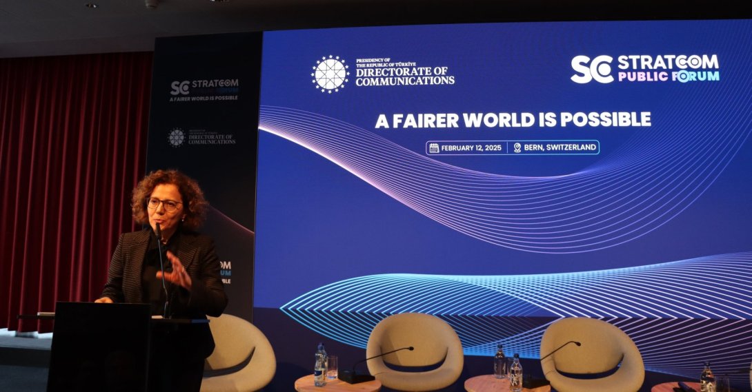 Türkiye&#039;s ambassador to Bern, Şebnem Incesu, speaks at a panel titled &quot;Stratcom Public Forum: A Fairer World is Possible,” Bern, Switzerland, Feb. 13, 2025. (AA Photo)
