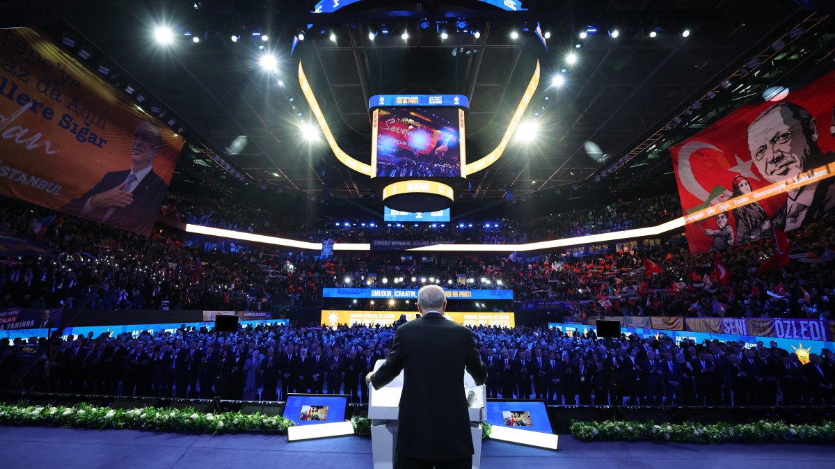 President Recep Tayyip Erdoğan addresses the Justice and Development Party&#039;s (AK Party) Istanbul congress, Istanbul, Türkiye, Feb. 7, 2025. (AA Photo)