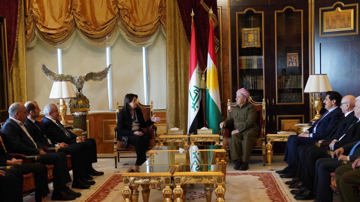 Iraq&#039;s Kurdistan Democrat Party (KDP) chief Masoud Barzani (C-R) meeting with Peoples&#039; Equality and Democracy Party&#039;s (DEM) Pervin Buldan (C-L) and the DEM delegation, Irbil, Iraq, Feb. 16, 2025. (AFP Photo)