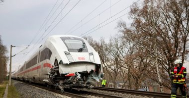 A damaged Deutsche Bahn high-speed train after it collided with a semi-trailer in Hamburg, Germany, Feb. 11, 2025. (EPA Photo)
