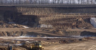 A view of an ilmenite open pit mine in a canyon in the central region of Kirovohrad, Ukraine, Feb. 12, 2025. (AP Photo)