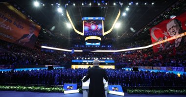 President Recep Tayyip Erdoğan addresses the Justice and Development Party&#039;s (AK Party) Istanbul congress, Istanbul, Türkiye, Feb. 7, 2025. (AA Photo)