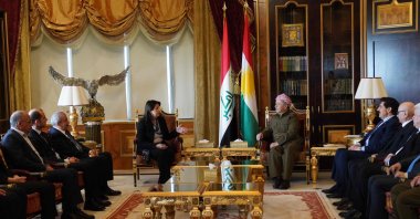 Iraq&#039;s Kurdistan Democrat Party (KDP) chief Masoud Barzani (C-R) meeting with Peoples&#039; Equality and Democracy Party&#039;s (DEM) Pervin Buldan (C-L) and the DEM delegation, Irbil, Iraq, Feb. 16, 2025. (AFP Photo)
