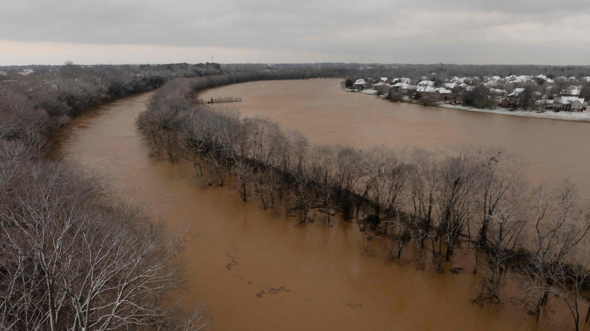 This aerial view shows the Barren River floods after a rain storm in Bowling Green, Kentucky, U.S., Feb. 16, 2025. (AFP Photo)