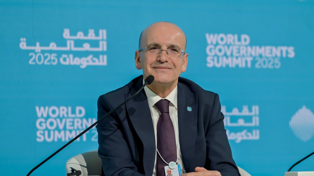 Treasury and Finance Minister Mehmet Şimşek attends a panel on the sidelines of the World Government Summit, Dubai, UAE, Feb. 12, 2025. (AA Photo)