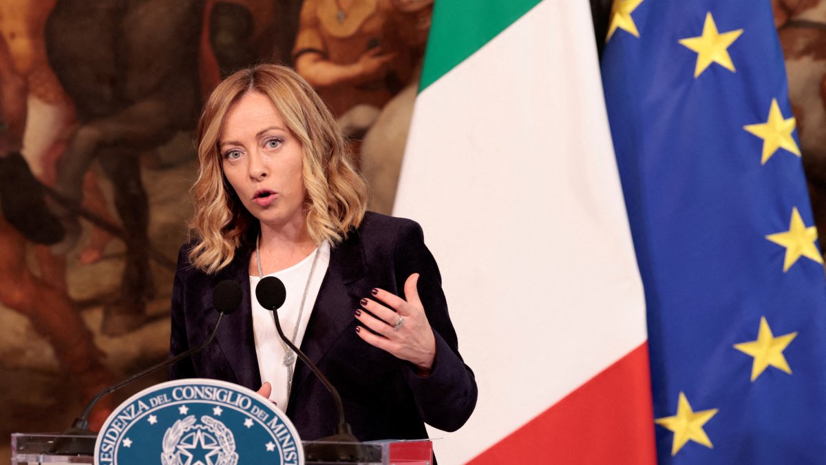 Italian Prime Minister Giorgia Meloni speaks during a joint statement to the media with NATO Secretary General Mark Rutte, at Chigi Palace in Rome, Italy, Nov. 5, 2024. (Reuters Photo)