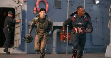 This image released by Disney shows Danny Ramirez (L) and Anthony Mackie in a scene from Marvel Studios&#039; "Captain America: Brave New World." (AP Photo)