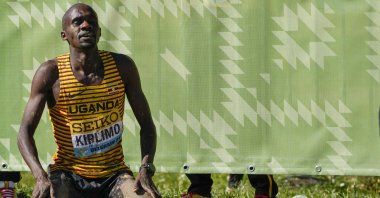 Uganda&#039;s Jacob Kiplimo celebrates as he won the men&#039;s senior race during the World Athletics Cross Country Championships, Belgrade, Serbia, March 30, 2024. (AP Photo)