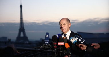  German Chancellor Olaf Scholz gives a statement, following the informal summit of European leaders on the situation in Ukraine and European security, at the German Embassy in Paris, Feb. 17, 2025. (AFP Photo)