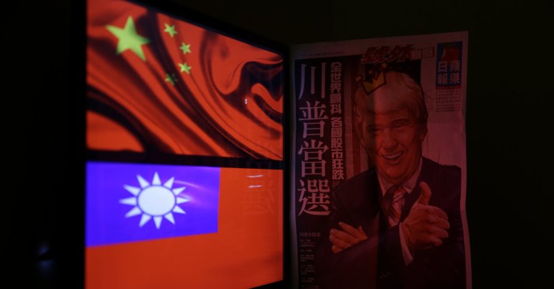 A newspaper headline with the illustration of U.S. President Donald Trump is pictured next to the flag of China and Taiwan in Taipei, Taiwan, Dec.12, 2016. (EPA File Photo)