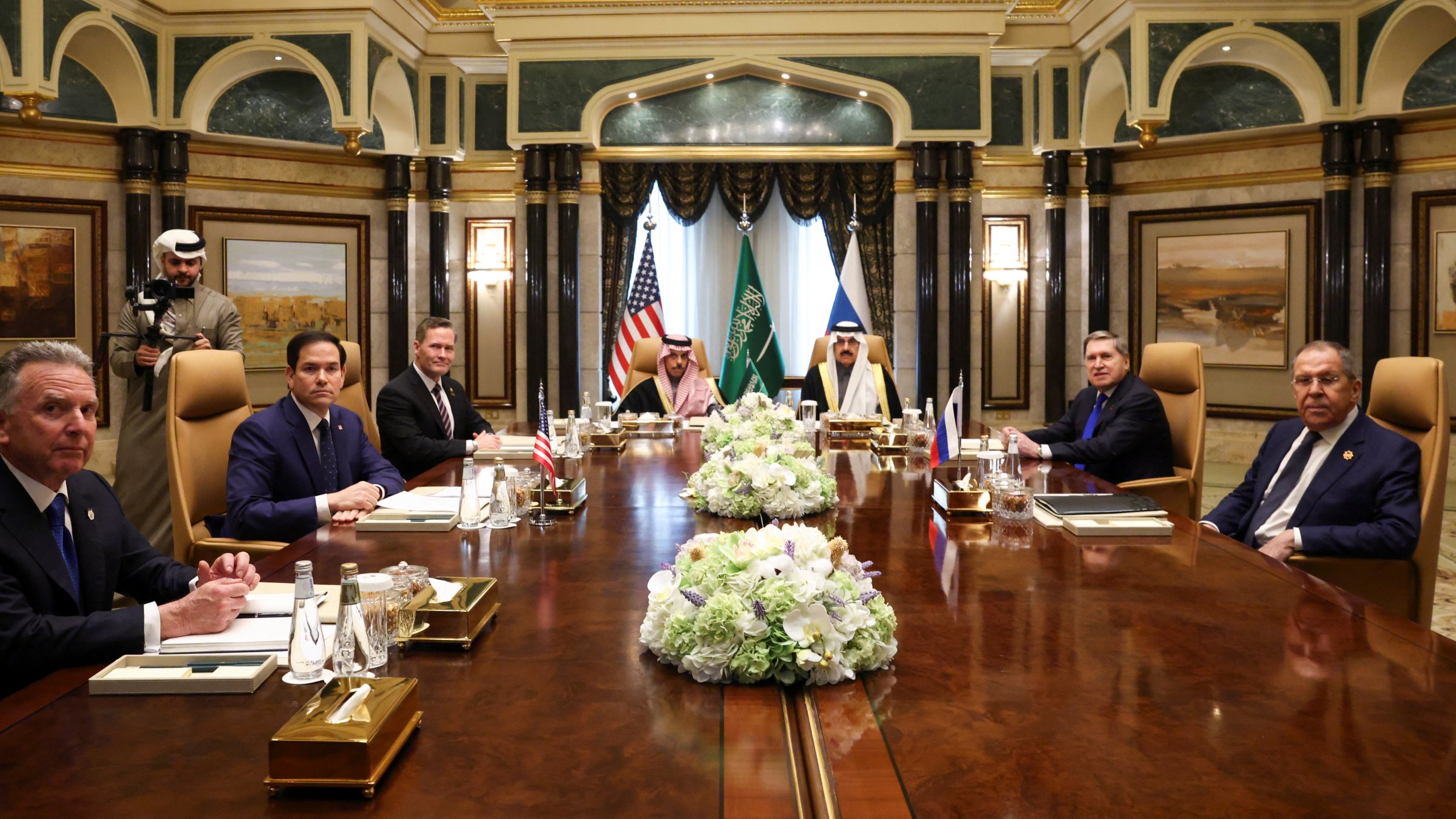 (From L to R) U.S. Secretary of State Marco Rubio meets with Saudi Foreign Minister Prince Faisal bin Farhan Al Saud, Saudi National Security Advisor Mosaad bin Mohammad Al-Aiban, U.S. National Security Advisor Mike Waltz, U.S. Middle East envoy Steve Witkoff, Russian Foreign Minister Sergei Lavrov and Russian President Vladimir Putin&#039;s foreign policy advisor Yuri Ushakov, at Diriyah Palace, in Riyadh, Saudi Arabia, Feb. 18, 2025. (Reuters Photo)