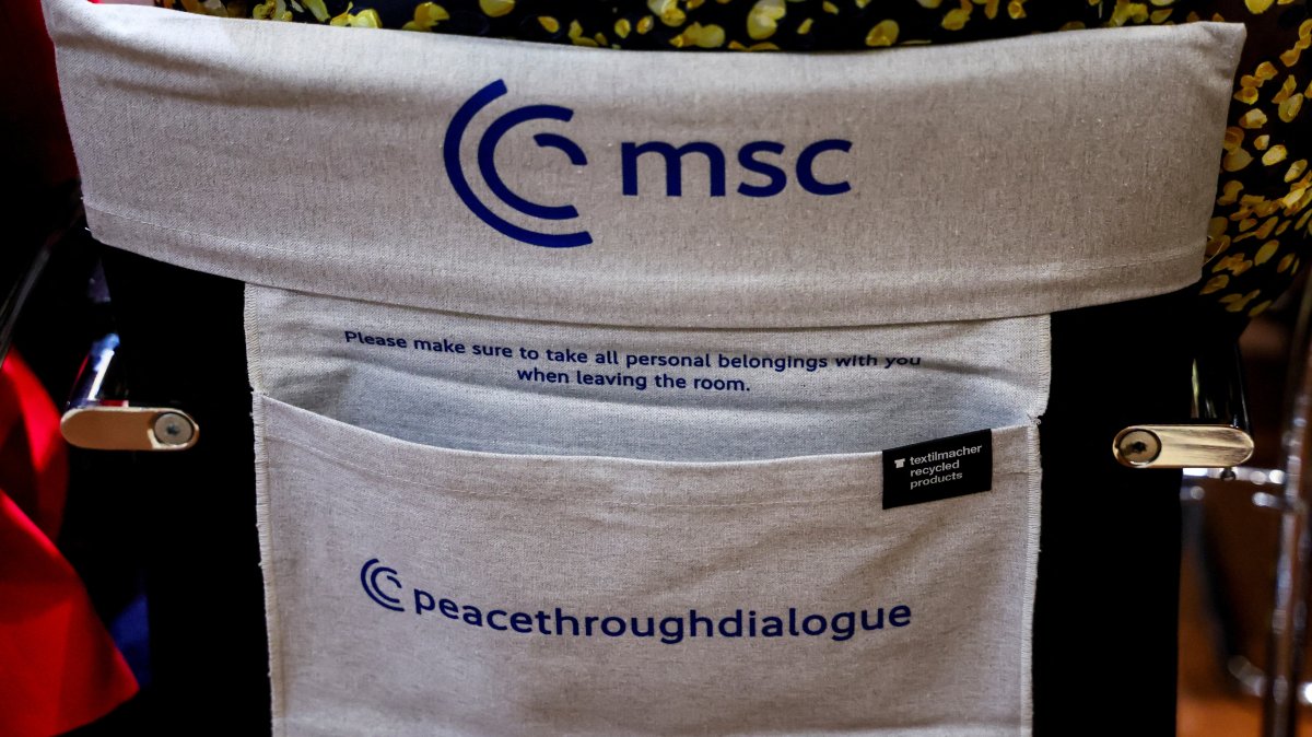 A sign is displayed on the back of a chair during the Munich Security Conference (MSC), Munich, Germany, Feb. 15, 2025. (Reuters Photo)
