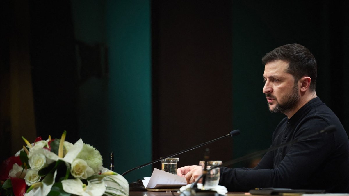 Ukraine&#039;s President Volodymyr Zelenskyy attends a joint press conference with President Recep Tayyip Erdoğan (not pictured) at the Presidential Complex in Ankara. (Photo by Handout / Ukrainian Presidential Press Service via AFP) 