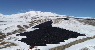 An aerial view of solar power panels installed in the area of Bitlis province, southeastern Türkiye, Feb. 17, 2025. (AA Photo)