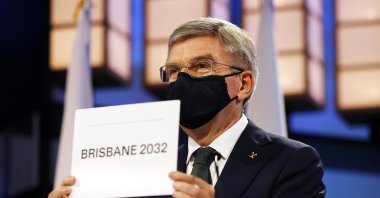 President of the International Olympic Committee Thomas Bach announces Brisbane as the 2032 Summer Olympics host city during the 138th IOC Session, Tokyo, Japan, July 21, 2021. (AP Photo)