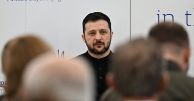 Ukrainian President Volodymyr Zelenskyy attends the opening of Kyiv&#039;s new embassy building in Ankara, Türkiye, Feb. 18, 2025.