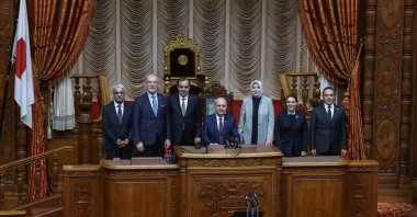 Parliament Speaker Numan Kurtulmuş (C) and Japanese Parliament Speaker Sekiguchi Masakazu attend a session at the House of Councillors, Tokyo, Japan, Feb. 18, 2025. (AA Photo)