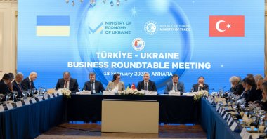 Trade Minister Ömer Bolat (3rd R), Ukraine&#039;s deputy prime minister and minister of economy, Yulia Sviridenko (3rd L), and Ukrainian Agriculture Minister Vitaliy Koval (2nd L) attend a roundtable meeting in Ankara, Türkiye, Feb. 18, 2025. (AA Photo)