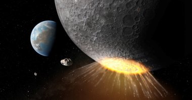 An undated artistic rendering shows an asteroid or comet striking near the Moon&#039;s south pole about 3.8 billion years ago, an impact that carved out two large craters. (Lunar and Planetary Institute/Daniel D. Durda/Handout via Reuters)