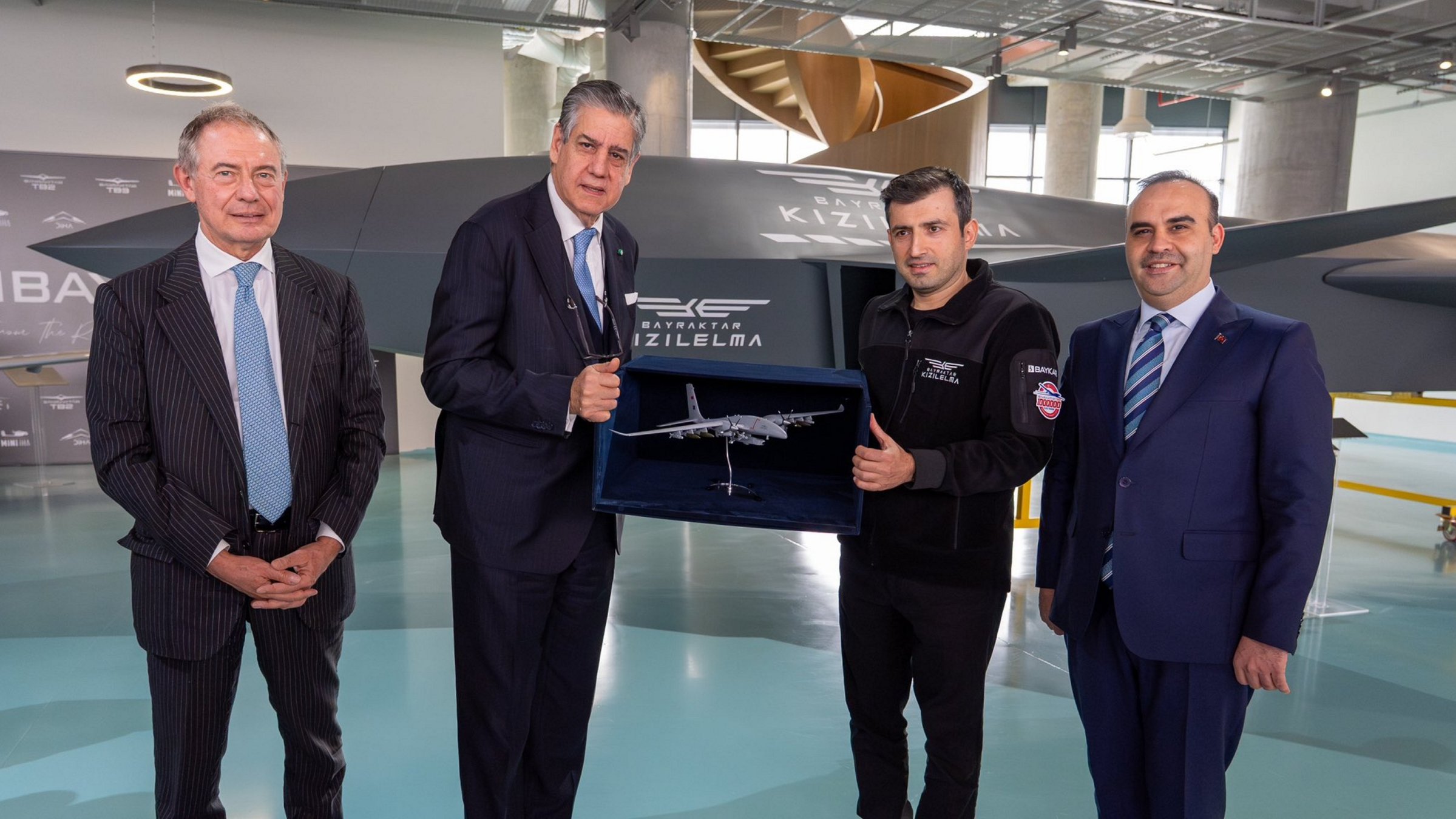 From (L-R) Enterprises and Made in Italy Minister Adolfo Urso, Leonardo S.p.A. Chairperson Stefano Pontecorvo, Chairperson and Chief Technology Officer of Baykar Selçuk Bayraktar and Industry and Technology Minister Mehmet Fatih Kacır at Özdemir Bayraktar National Technology Center, Istanbul, Türkiye, Feb. 18, 2025. (AA Photo)