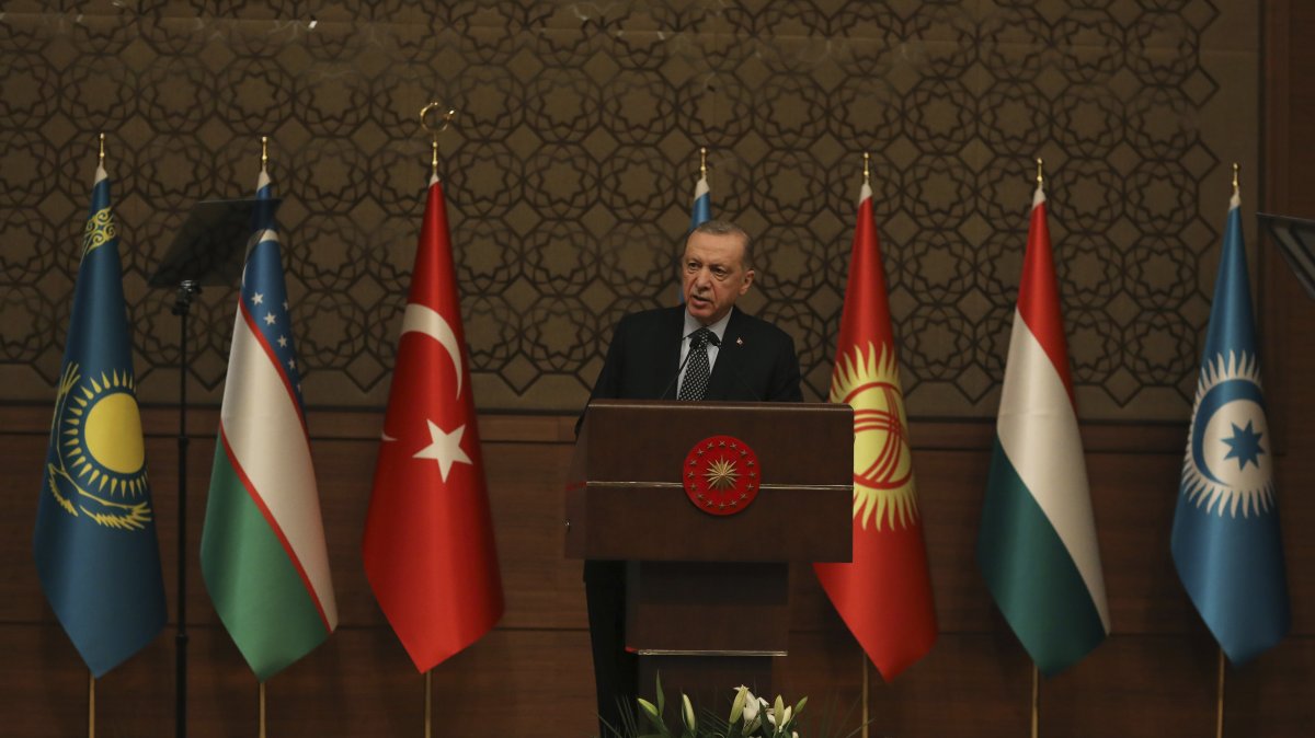 President Recep Tayyip Erdoğan speaks to the media after a summit of the Organization of Turkic States, Ankara, Türkiye, March 16, 2023. (AP Photo)