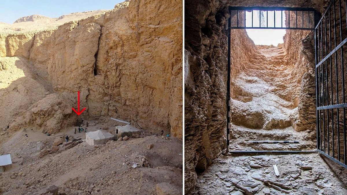 These handout pictures released by the Egyptian Ministry of Antiquities on Feb.19, 2025, show the entrance to the tomb of King Thutmose II in Luxor in southern Egypt. (Egyptian Ministry of Antiquities Handout via AFP)
