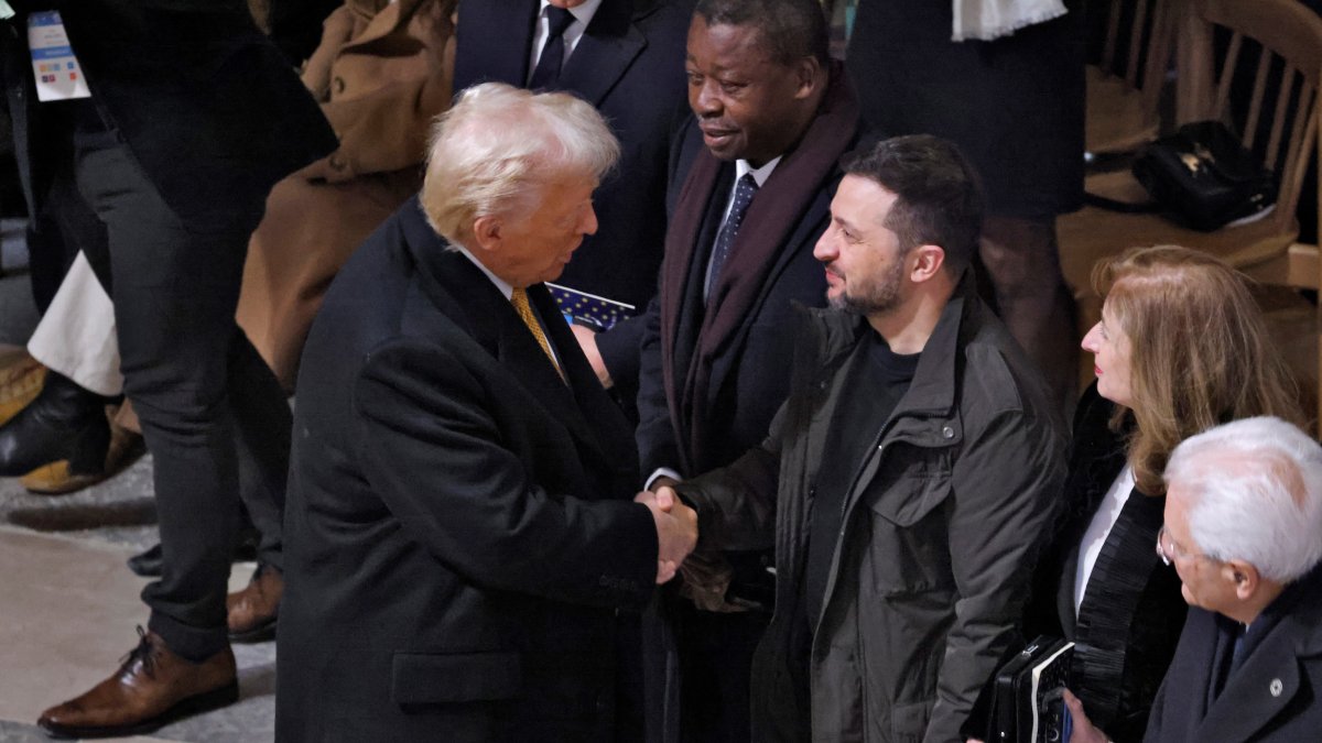 U.S. President-elect Donald J. Trump shakes hand with Ukraine&#039;s President Volodymyr Zelenskyy inside Notre-Dame Cathedral ahead of a ceremony to mark the re-opening of the landmark cathedral, in Paris, France, Dec. 7, 2024. (EPA File Photo)