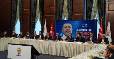 AK Party Deputy Chair Erkan Kandemir (5th-R) speaks at the news conference, Ankara, Türkiye, Feb. 18, 2025. (AA Photo)