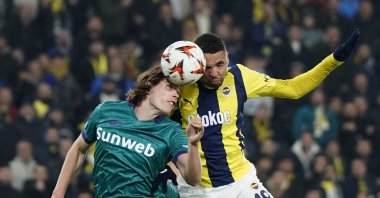 Fenerbahçe&#039;s Youssef En-Nesyri (R) and Anderlecht&#039;s Lucas Hey vie for a ball during the Europa League match at the Ülker Stadium, Istanbul, Türkiye, Feb. 13, 2025. (IHA Photo)