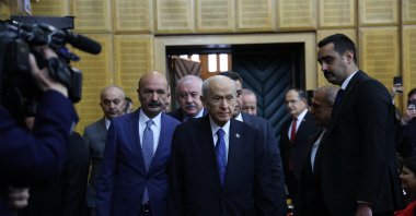 MHP leader Devlet Bahçeli arrives for the parliamentary group meeting of the party in the capital, Ankara, Türkiye, Jan. 28, 2025. (İHA Photo)