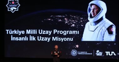 Türkiye&#039;s first astronaut, Alper Gezeravcı gives a speech at the Trakya Career Fair, Çanakkale, Türkiye, Feb. 18, 2025. (AA Photo)