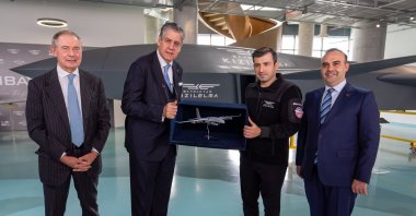 From (L-R) Enterprises and Made in Italy Minister Adolfo Urso, Leonardo S.p.A. Chairperson Stefano Pontecorvo, Chairperson and Chief Technology Officer of Baykar Selçuk Bayraktar and Industry and Technology Minister Mehmet Fatih Kacır at Özdemir Bayraktar National Technology Center, Istanbul, Türkiye, Feb. 18, 2025. (AA Photo)