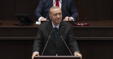 President Recep Tayyip Erdoğan speaks at a parliamentary meeting of his ruling Justice and Development Party (AK Party), Ankara, Türkiye, Feb. 19, 2025. (AA Photo)