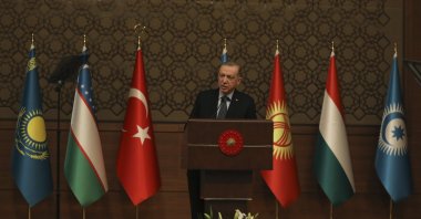 President Recep Tayyip Erdoğan speaks to the media after a summit of the Organization of Turkic States, Ankara, Türkiye, March 16, 2023. (AP Photo)