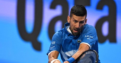 Serbia's Novak Djokovic hits a return to Italy's Matteo Berettini during their men's singles match at the ATP Qatar Open tennis tournament, Doha, Qatar, Feb. 18, 2025. (AFP Photo)