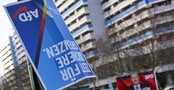 An upside-down Alternative for Germany (AfD) party election campaign poster is displayed in Berlin, Germany, Feb. 17, 2025. (EPA Photo)
