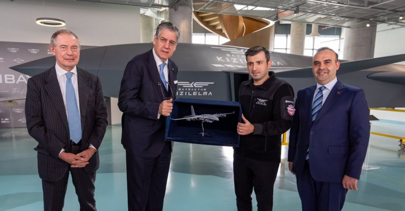 From (L-R) Enterprises and Made in Italy Minister Adolfo Urso, Leonardo S.p.A. Chairperson Stefano Pontecorvo, Chairperson and Chief Technology Officer of Baykar Selçuk Bayraktar and Industry and Technology Minister Mehmet Fatih Kacır at Özdemir Bayraktar National Technology Center, Istanbul, Türkiye, Feb. 18, 2025. (AA Photo)