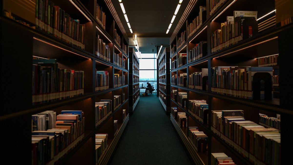 A researcher is seen through the bookshelves at the Presidential Library, Ankara, Türkiye, Feb. 19, 2025. (AA Photo)